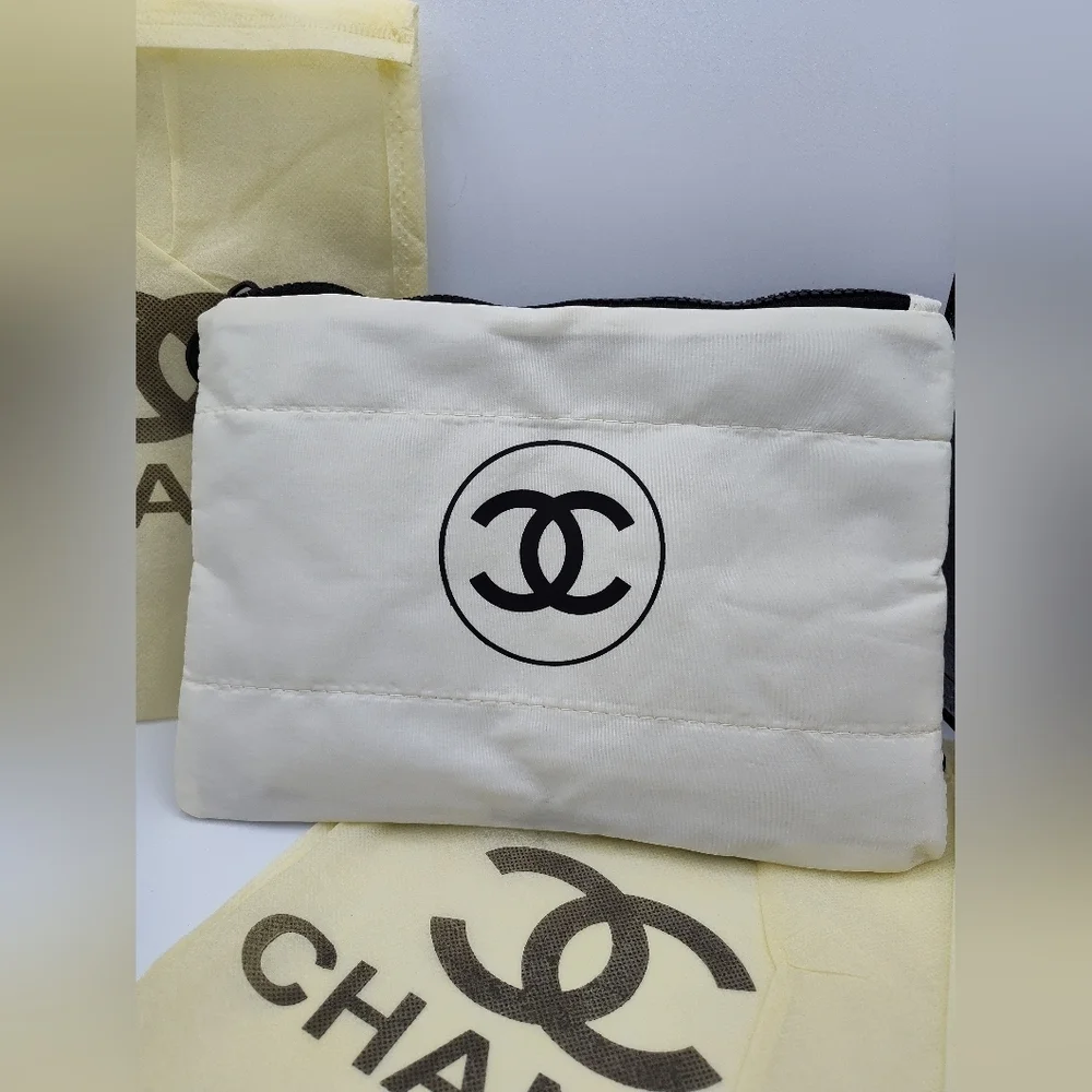 AUTHENTIC CHANEL Cosmetic Pouch Set Black & White w/ Dust Bags & Tags SET